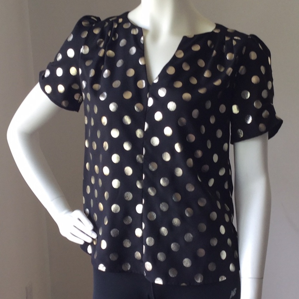 19 Cooper Gold & Black Polka Dot V Neck Classy Top